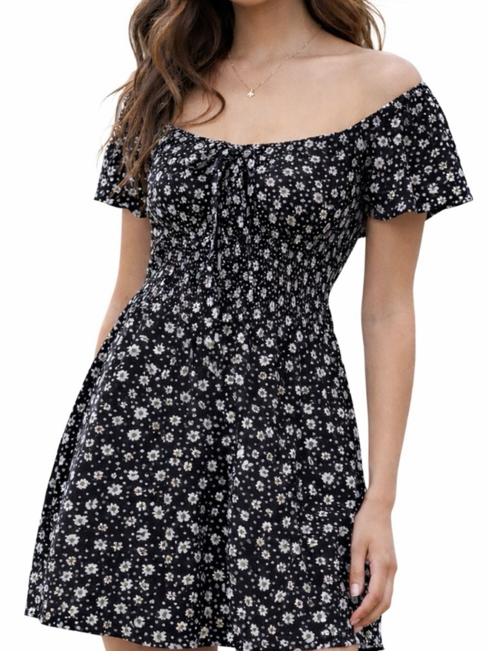 American Eagle Black Floral Off-Shoulder Mini Dress Smocked Boho Small